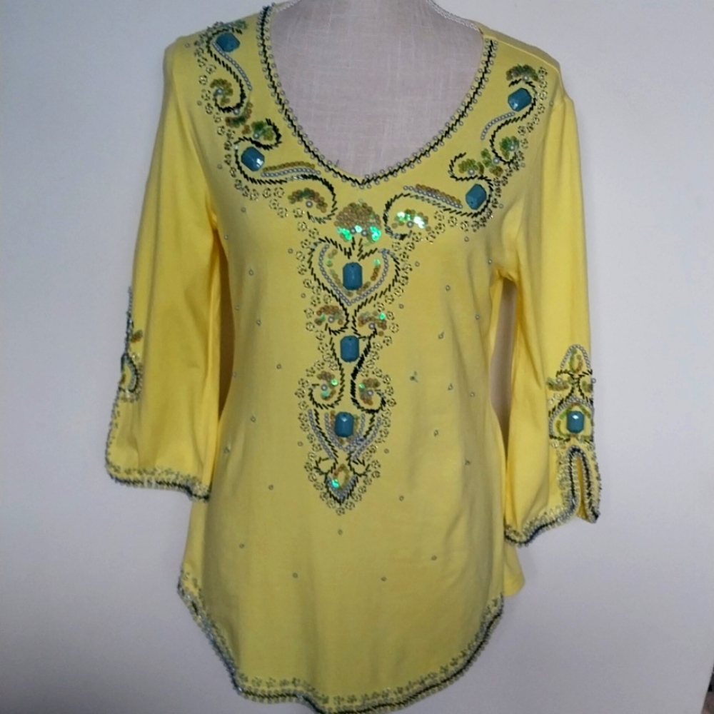 AZI Shirtail TOP Chunky Turquoise Stones Beading Western India